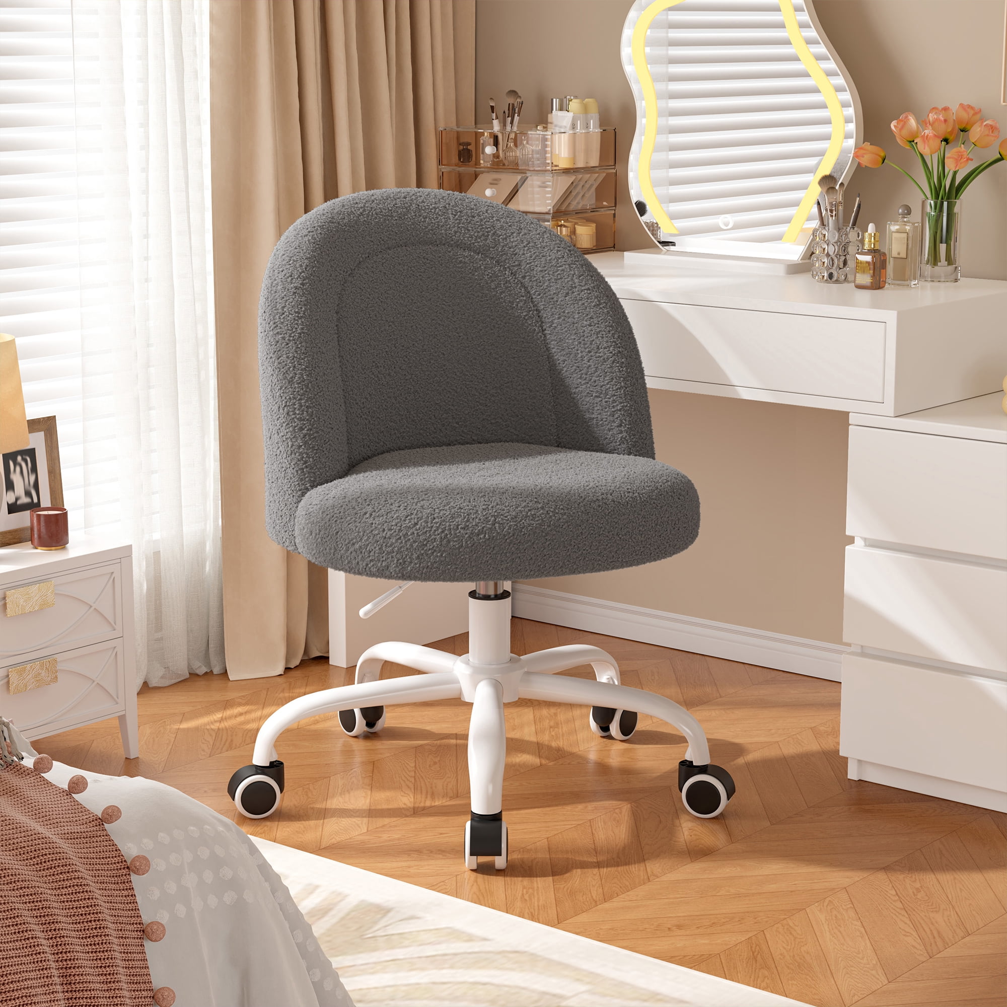 Romorgniz Vanity Chair Height Adjustable Desk Chair with Wheels, Armless Office Chair with Soft Lumbar Support for Small Space, Bedroom, Home office, Grey