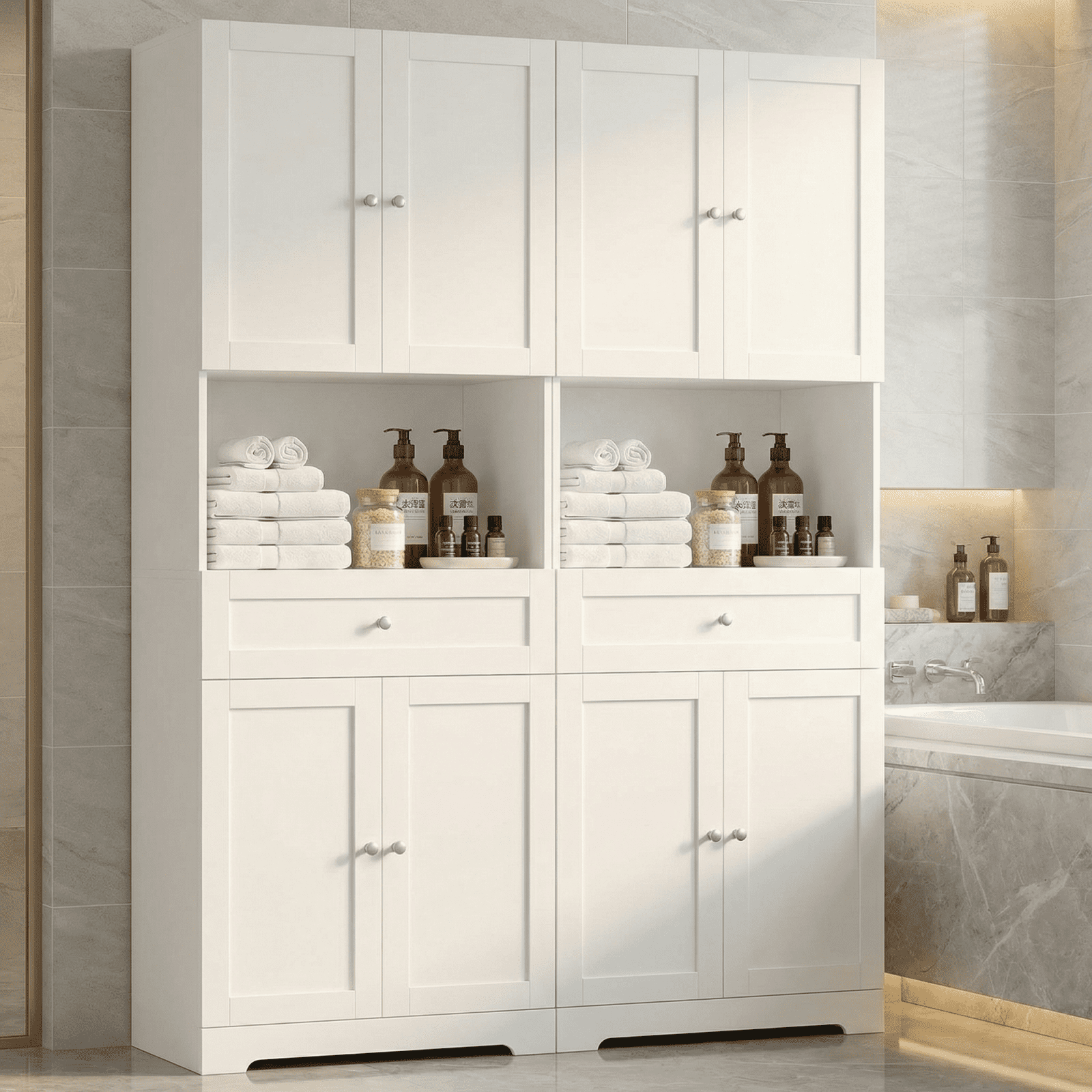 Homfa 67.5" Tall Bathroom Storage Cabinet with Drawer, 4 Door Modern Freestanding Cupboard, White