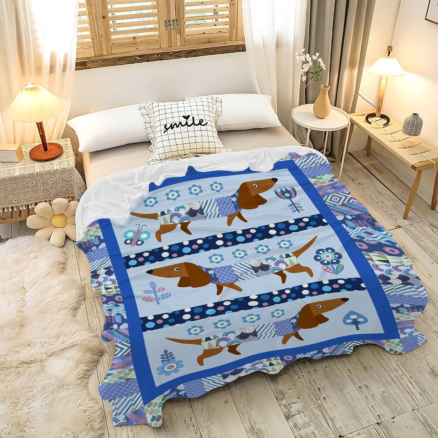 Cute Dachshund Checkered Fleece Flannel Animals Blanket Wiener Dog Dachshund Gifts Blanket for Women Lightweight Soft Cozy Throw Blanket for Bed Couch Travel Outdoor 60''''x 80'''' for Adult