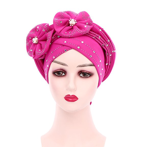 Soft African Head Wrap Flower Beanie Cap Headwear Stretch Rhinestones Turban for Women and Girls