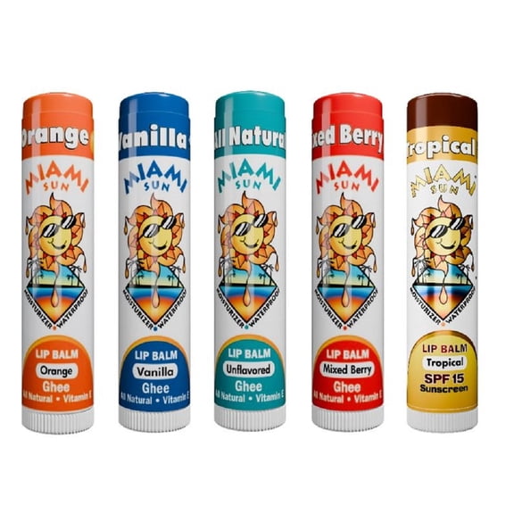 Miami Sun Lip Balm Variety Pack – Natural Lip Balms with Ghee & Tropical SPF15 Sunscreen with Coconut Oil – Hydrating & Moisturizing Lip Care (5 pcs)