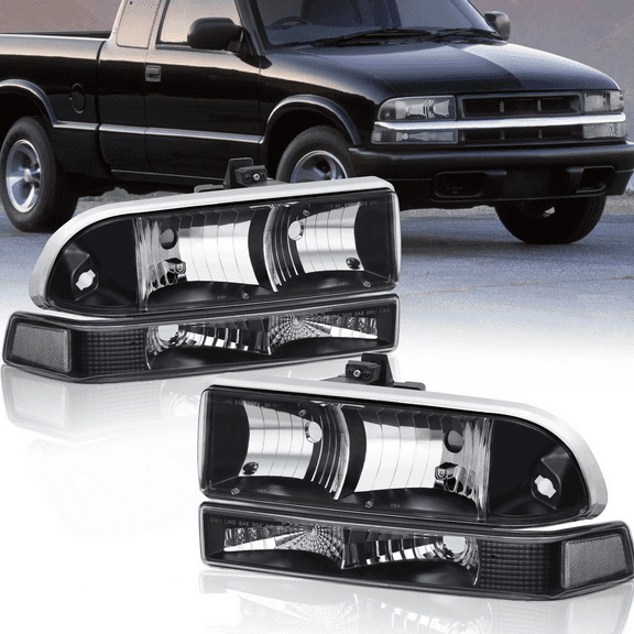 MOSTPLUS 2PCS Chrome Headlights w/ Bumper Lamps for 1998-2004 Chevrolet S10 Pickup Blazer