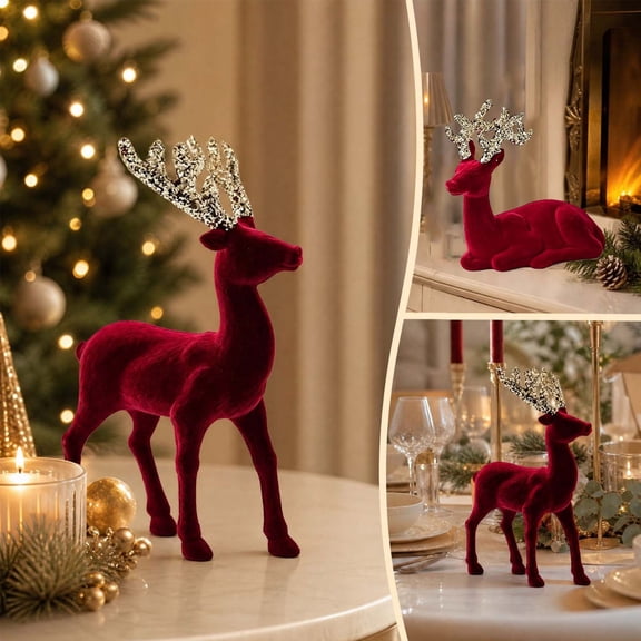 Christmas Reindeer Figurine,Burgundy Velvet Deer Statue with Glitter Antlers,Elegant Ornament for Table Centerpiece and Great Holiday Gifts