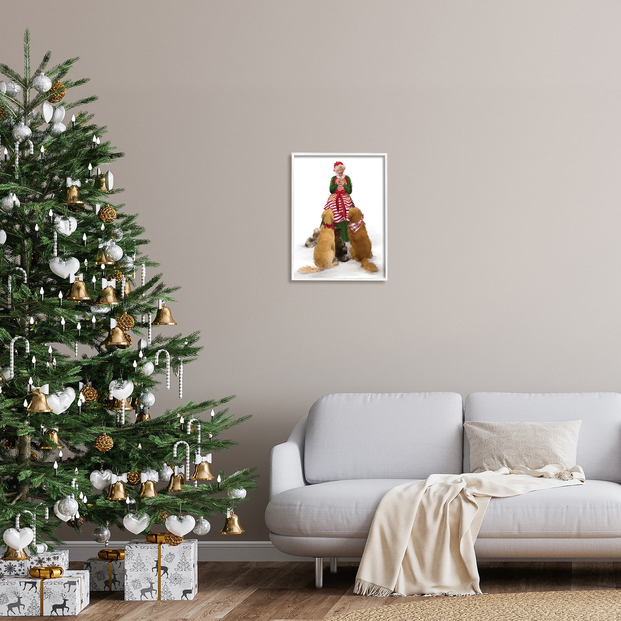 Joyful Mrs. Claus & Dogs Holiday Christmas Illustration Animals & Insects Painting Framed Art Print Wall Art