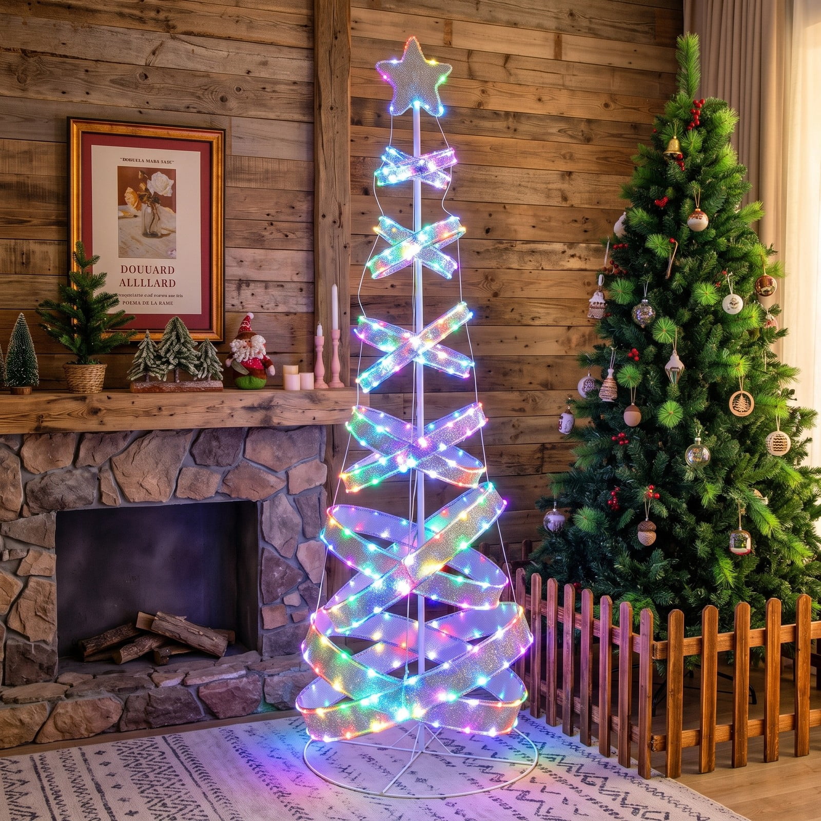 RUIE 7 FT Outdoor Spiral Christmas Tree with 341 LED Lights, 34 Lighting Modes Collapsible Metal Xmas Tree for Yard Party Holiday Decoration, White