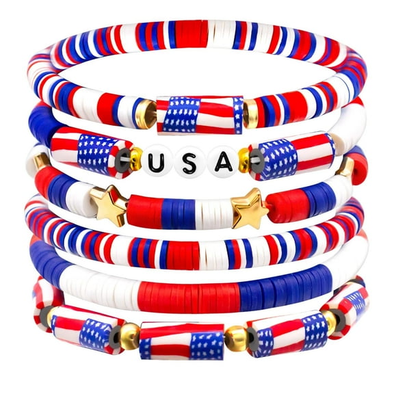 4th of July  USA Love Bracelets Set, American Flag Themed Handmade Jewelry for Women，6pcs