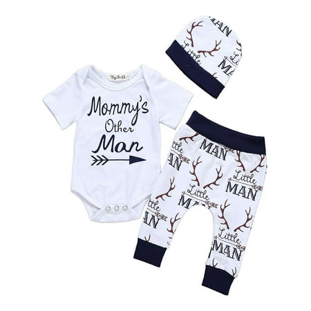 

Infant Boys 3Pcs Clothes Set Mommy s Other Man Short Sleeve Romper Bodysuit+Little Man Deer Pants Hats