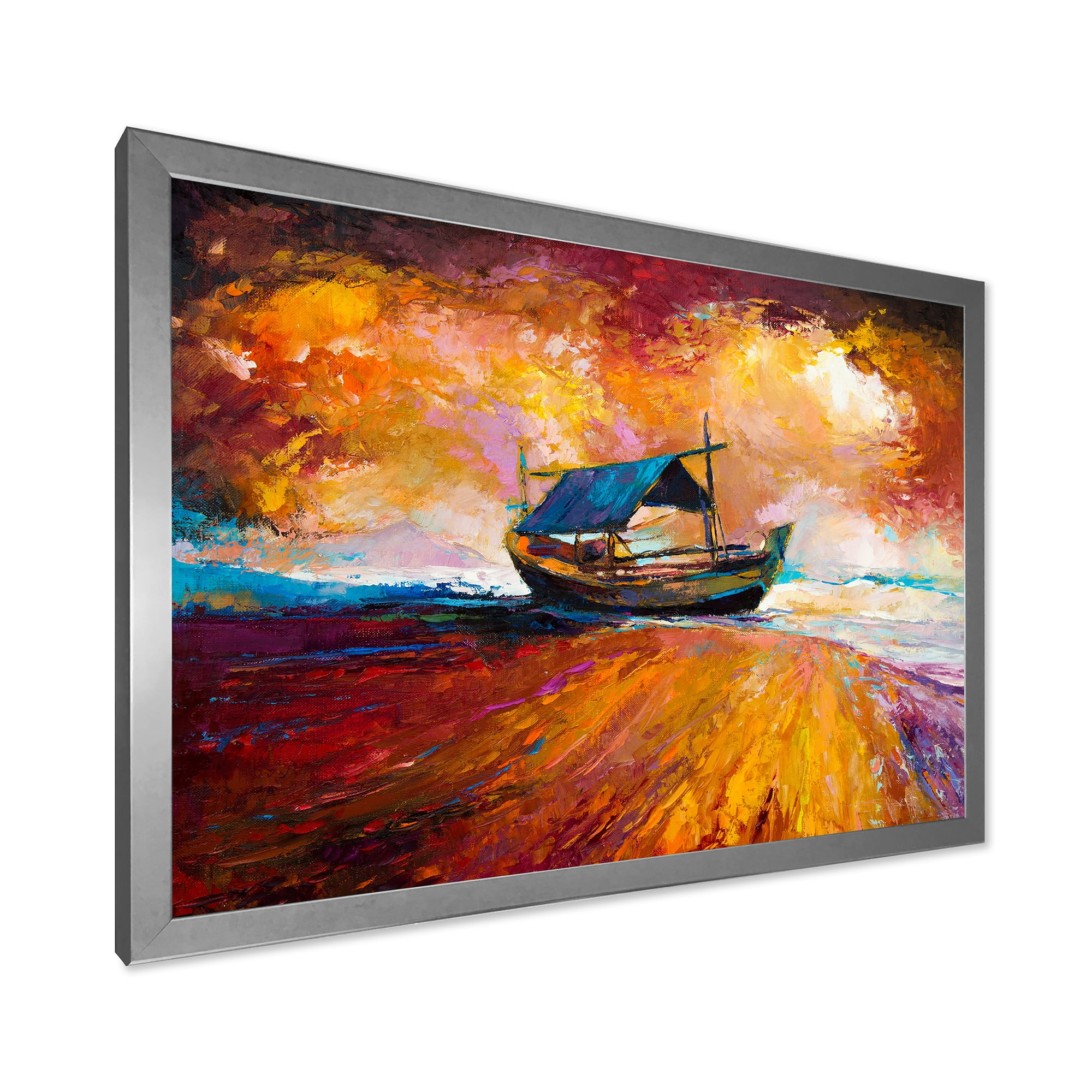Traditional Fisher boat During Ocean Evening Glow 40 in x 30 in Framed Painting Canvas Art Print, by Designart