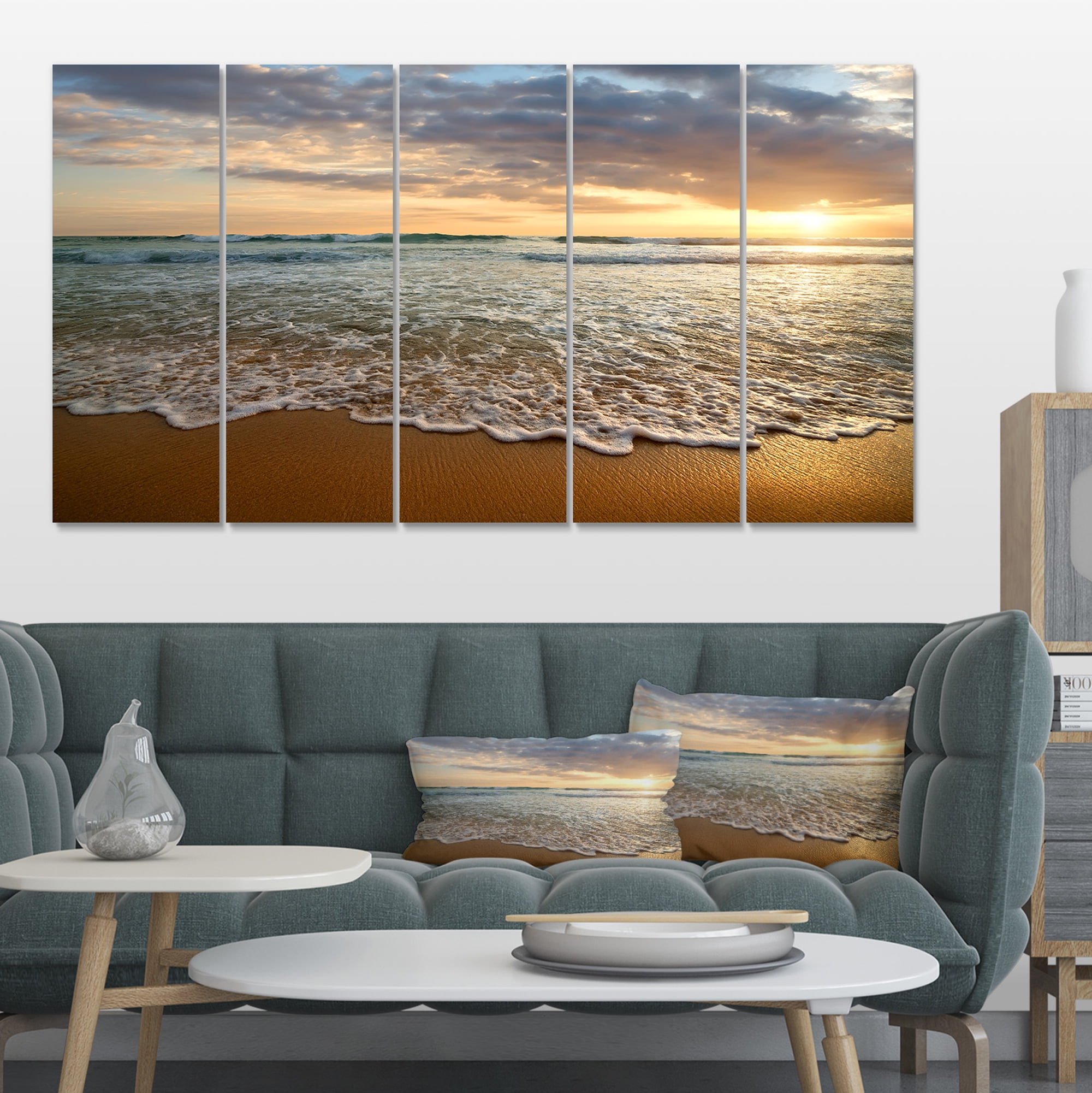 Designart 'Bright Cloudy Sunset in Calm Ocean ' Seashore Canvas Art Print