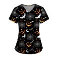thumbnail image 1 of Camiseta de manga corta con cuello en V y temática de Halloween para mujer: estampado espeluznante de calabaza y telaraña, 1 of 3