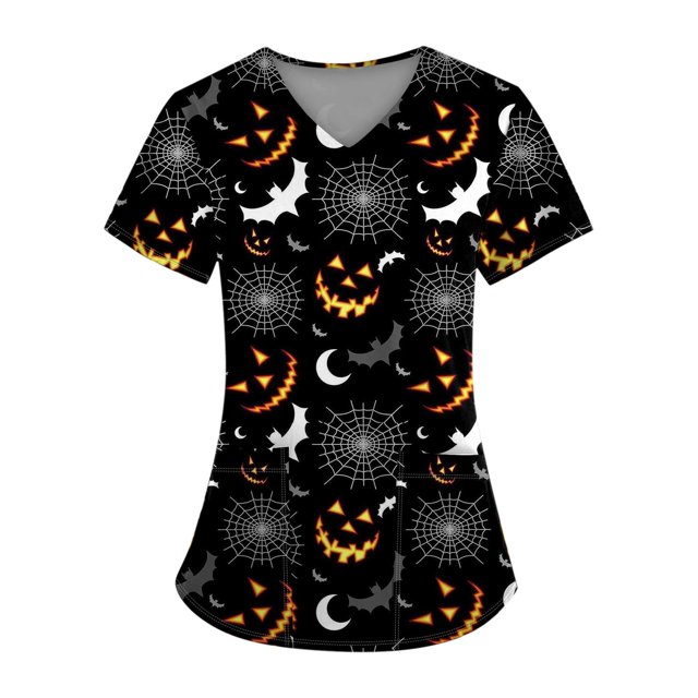 Camiseta de manga corta con cuello en V y temática de Halloween para mujer: estampado espeluznante de calabaza y telaraña