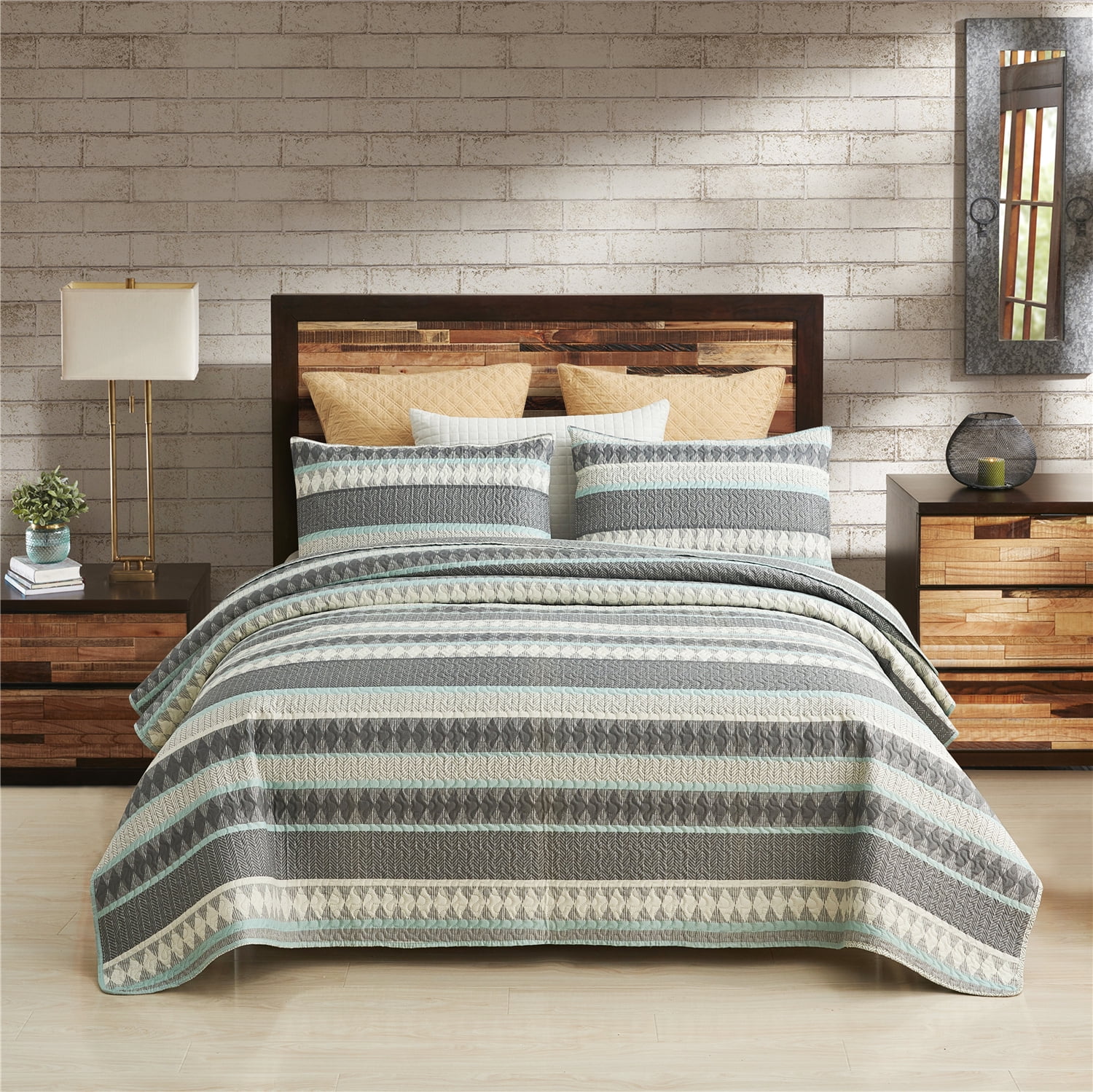 JML Quilt Set, Queen, Grey Stripe, 3 Piece