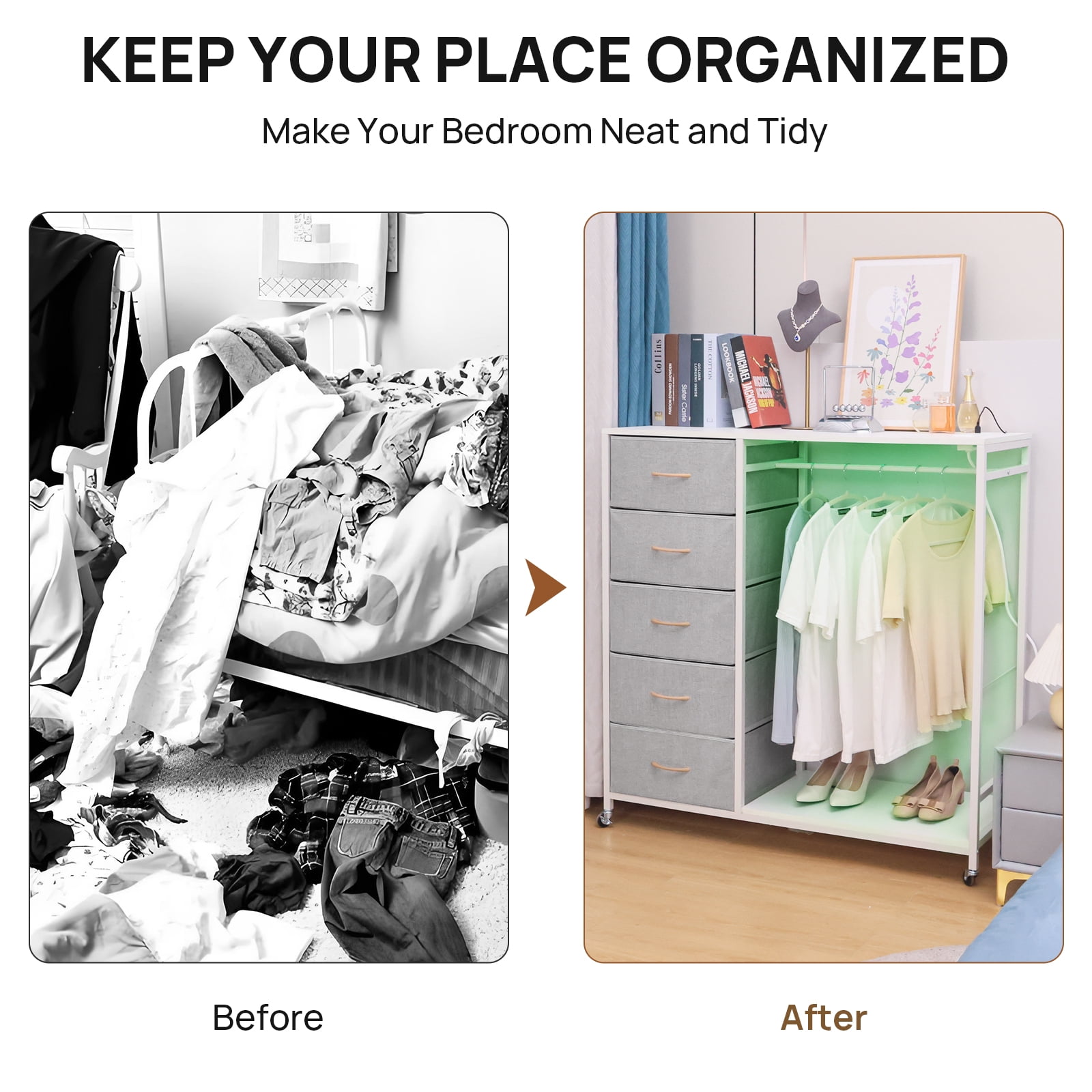 Walsport Dresser for Bedroom with Clothes Rack, 5 Drawers Dresser with Charging Station & LED Lights,Storage Chest of Drawers with Wheels, Wooden Top, Lockable Wheels, Bedroom, Closet(White)