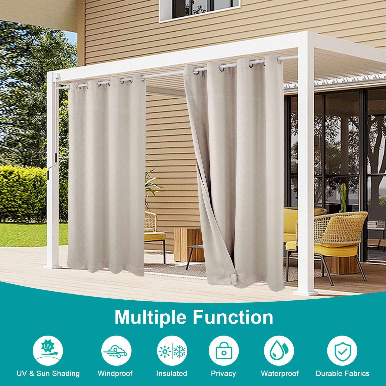 SHANNA Outdoor Curtains, Waterproof Windproof UV Protection Blackout Curtains with Eyelets, 3D Textured Pattern for Garden, Pergola, Balcony, Creamy Beige, 52 X 84 inch