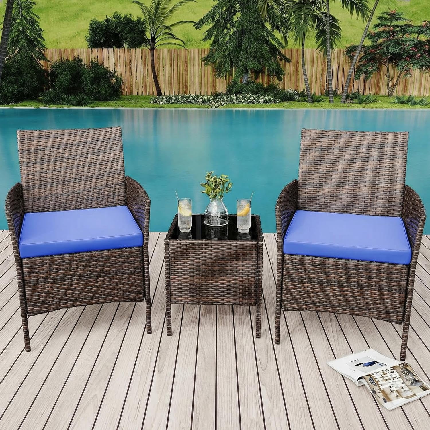 IdealHouse 3 Piece Patio Furniture Set, Rattan Outdoor Furniture with 2 Chairs & Coffee Table, Modern Outdoor Seating Conversation Bistro Set for Garden Backyard Porch (Brown and Blue)