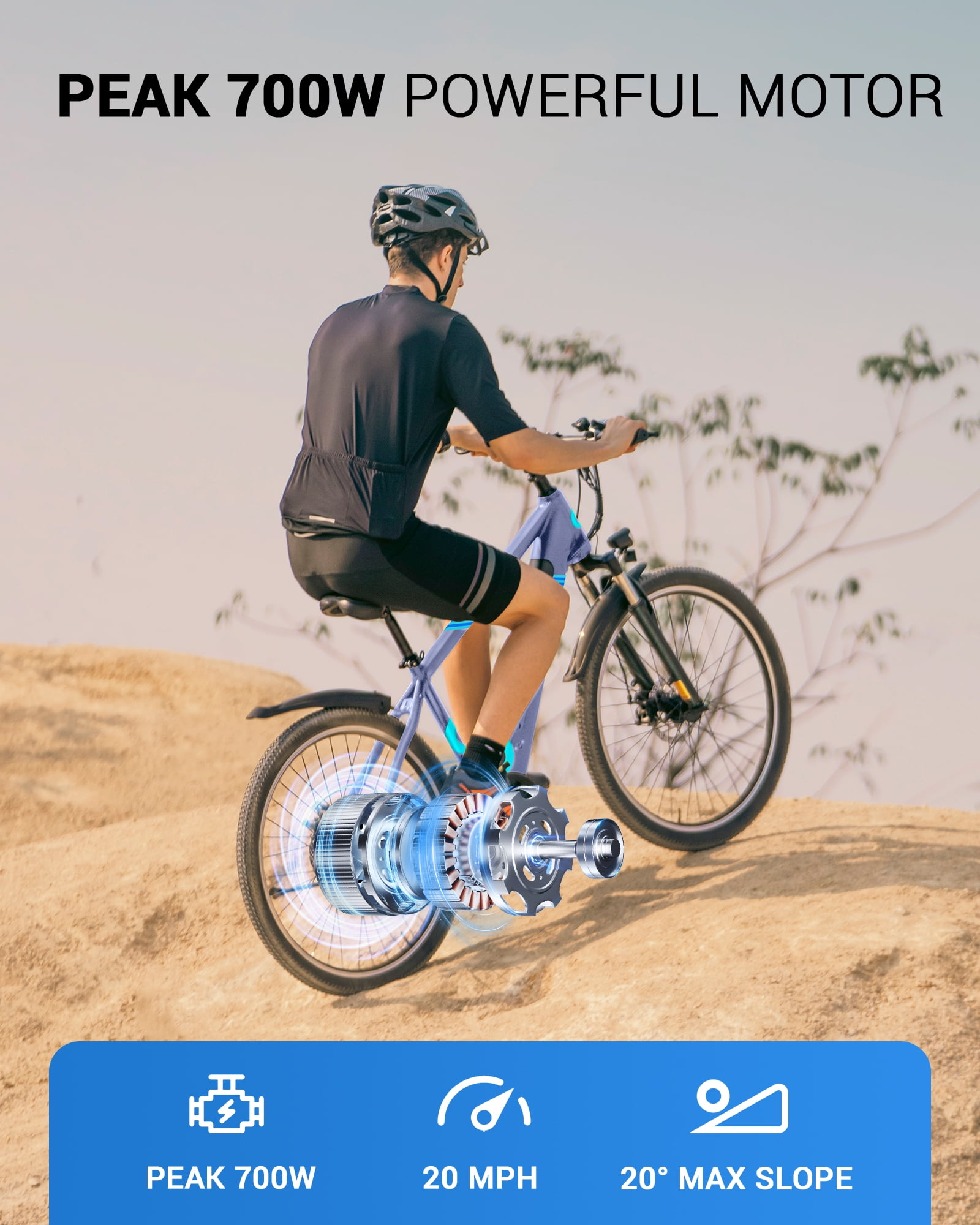 MIHOVER 26*1.95" Electric Bike for Adults 750W Peak 20MPH, 48V Removable Battery 40 Miles, Shimano 21-Speed Adjustable Fork，UL2849 City & Light Off-Road E-Bike with Lock-Blue