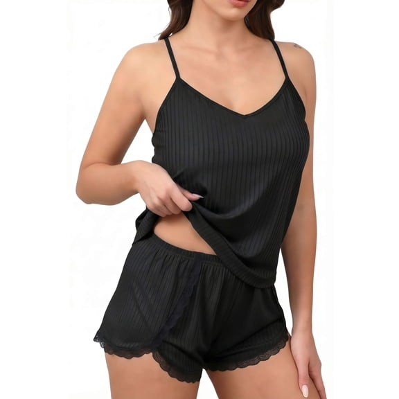 Ekouaer Womens Pajama Sets Soft Ribbed Lingerie Sleepwear 2 Piece Cami Shorts Set V-Neck Pjs Lace Nightwear