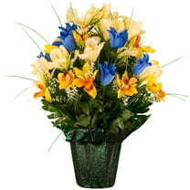 Sympathy Silks Outside Weighted Pot Silk bouquet- Artificial Blue Tulips & Yellow Iris