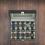 10-Slot Watch Box, Black Synthetic Leather, Glass Lid, Removable Pillows, Gray Lining, Watch Organizer