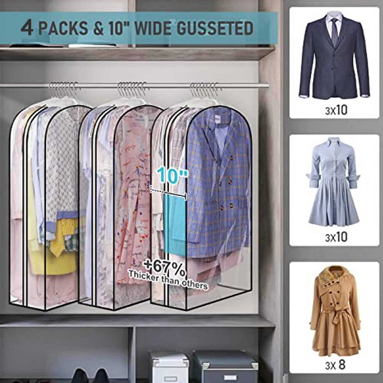 Garment Bags for Hanging Clothes, 4PCS 40" Transparent Waterproof Dustproof Storage for Closet Cloth Cover Washable Clear Reusable Garment Bags Covers for Coats, Dresses, Jackets