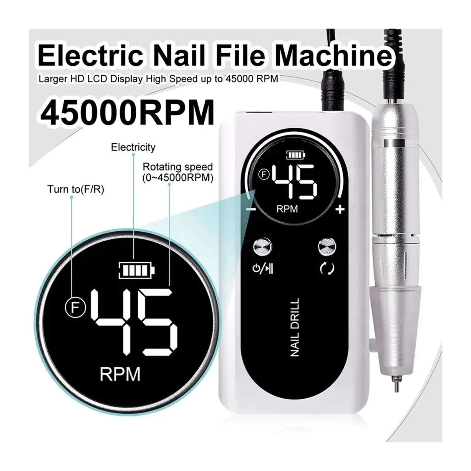 Professional 45000RPM Electric Portable Nail Drill Machine Rechargeable Low Noise Nail Sander File for Manicure Salon Tool