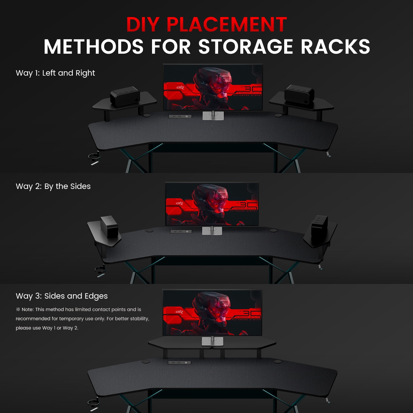 GTRACING Wing-Shaped Gaming Desk with Power Outlet, RGB LED Lights, Removable Monitor Stand, Full-sized Mouse Pad, Headphone Hook & Cup Holder, Black