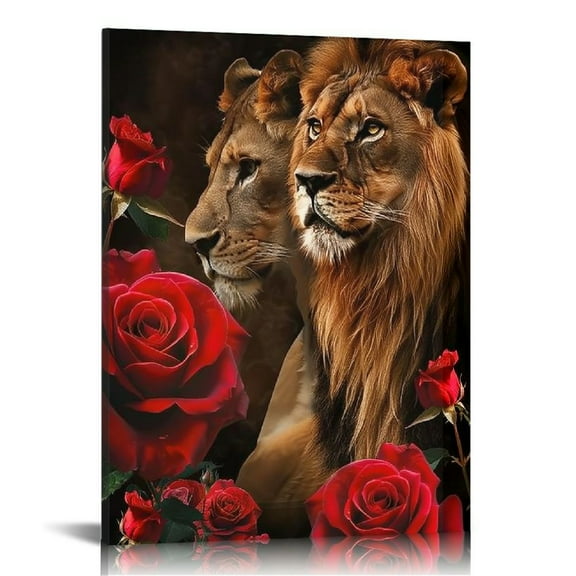 Nawypu  Lion Framed Canvas Wall Art Red Rose Decor Lion Animal Canvas Print Enchanting Decor for Living Room Home Bedroom Ready to Hang