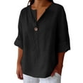 thumbnail image 2 of Black Tshirts for Women Linen Shirts for Women Summer Cotton Linen V Neck 3/4 Sleeve Tops Loose Vacation Beach Solid Blouses Tunic Tops Going Out Tops for Women, 2 of 5