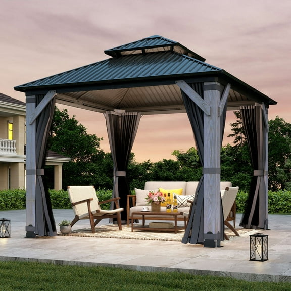 8.5'x8.5' Wood Gazebo, Outdoor Hardtop Gazebo with Wood Posts and Galvanized Steel Doule Roof, Wooden Frame Gazebos with Netting & Curtains for Patio Backyard Deck