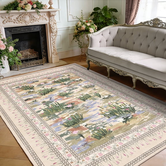 HIWEAVER Beige 8' x 10' Floral Vintage Area Rug for Living Room Washable Non Slip Indoor Carpet for Bedroom Decor Low Pile Farmhouse Floor Cover
