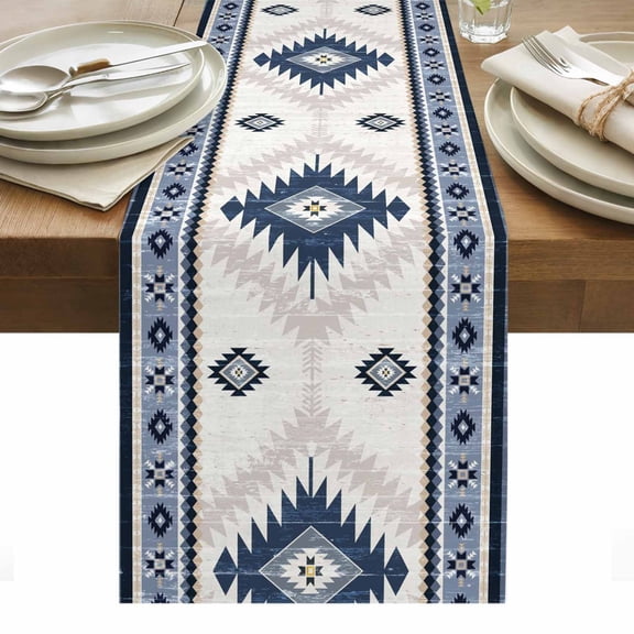 Blue Beige Boho Table Runner - 70 Inch Long, Kitchen Dining Table Runner Dresser Scarves, Vintage Ethnic Tribal Southwestern Farmhouse Decor for Coffee Tables Wedding Party Banquet