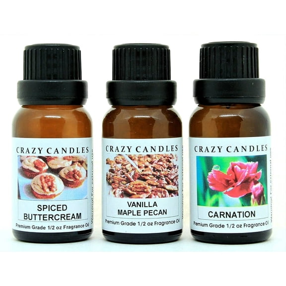 Crazy Candles 3 Bottles Set, 1 Spiced Buttercream, 1 Vanilla Maple Pecan, 1 Carnation 1/2 Fl Oz Each (15ml) Premium Grade Scented Fragrance Oils
