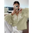 thumbnail image 6 of Women'S Embroidered Linen Shirts Button Up Sleeve V Neck Boho Blouse Light Green XL, 6 of 8