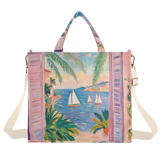 FORMRS Womens Corduroy Tote Bag Crossbody Shoulder Handbag with Pocket, Pink Seaside Boat