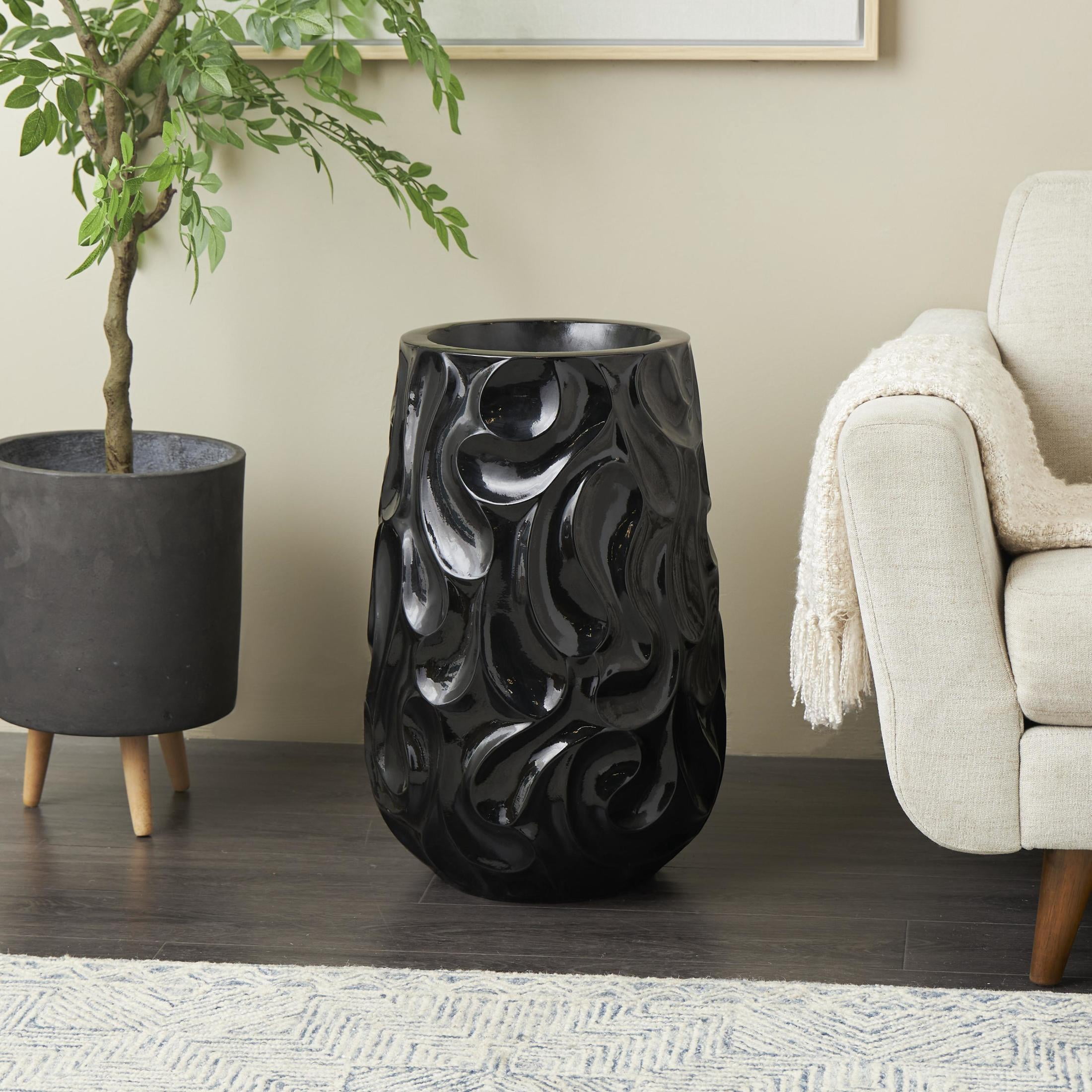 DecMode 24" Abstract Large Wavy Textured Floor Black Resin Vase