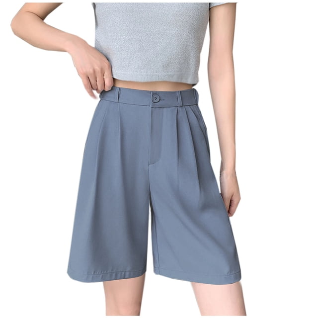 Kovlvoll Womens Shorts Straight Leg Button Elastic High Waisted Summer Casual Loose Solid Color Half Pants