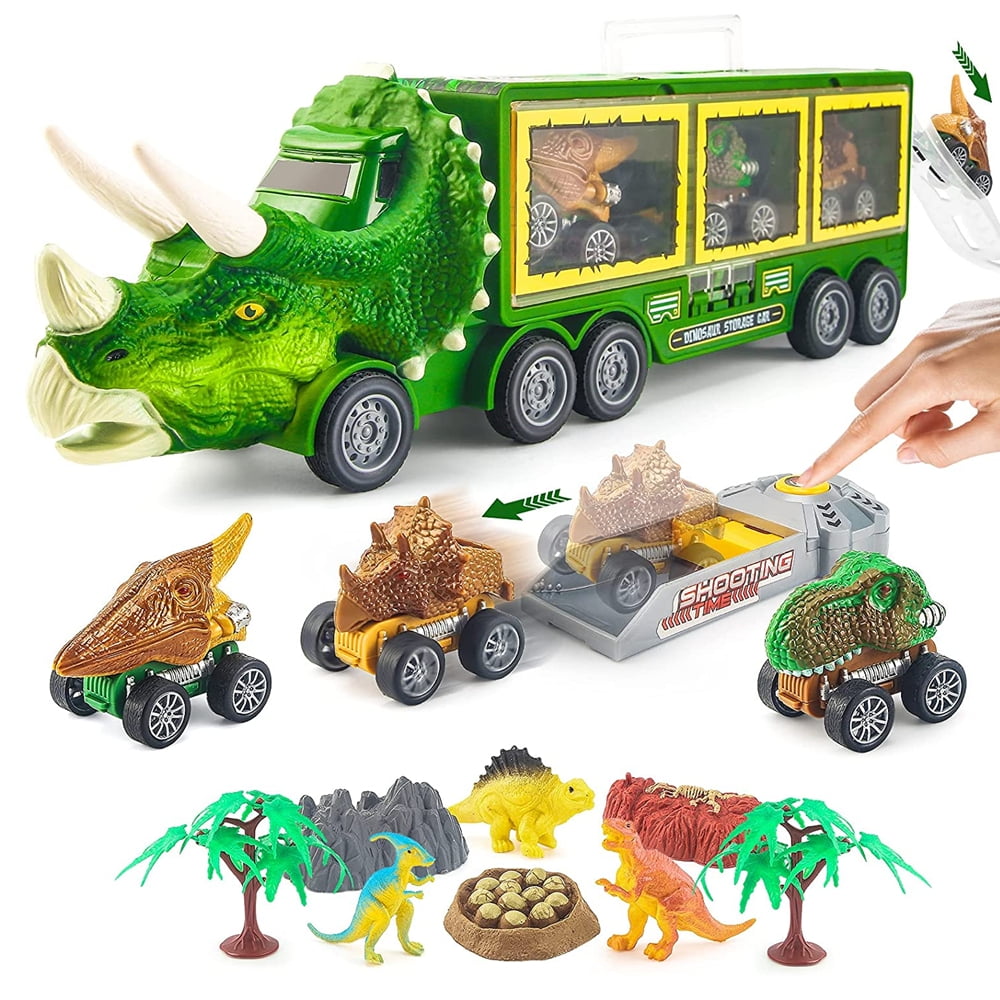 Dinosaur Toy Truck for Kids Dinosaur Transport Truck Toy with Sounds Lights Pull Back Car Toys Dinosaur Toys Car for Kids 3-5 with Track Launcher Dinosaur Scene Kids Toys for Boy Girl 