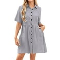 thumbnail image 3 of Umbreon Summer Dresses for Women Linen Short Sleeve Lape L Shirt Dress Button Solid Color Causal Loose Beach Vacation Midi Dresses with Pockets, 3 of 7