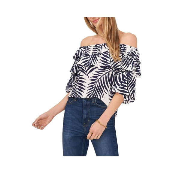 Sam Jess Womens Challis Ruffled Off The Shoulder Top Navy Palm XS