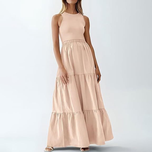 Gspmoly Robes d'Été pour Femmes 2025, Mode Femme Été Floral Col Rond Patchwork Sans Manches avec Poche Taille Robes Robes de Vacances pour Femmes Économies d'Été