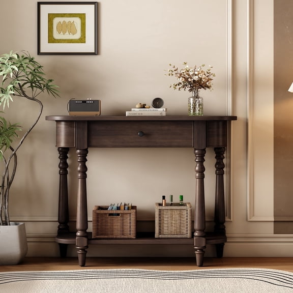 Narrow Console Table with Drawer, Vintage Entryway Sofa Table with Curved Corners & Open Shelf