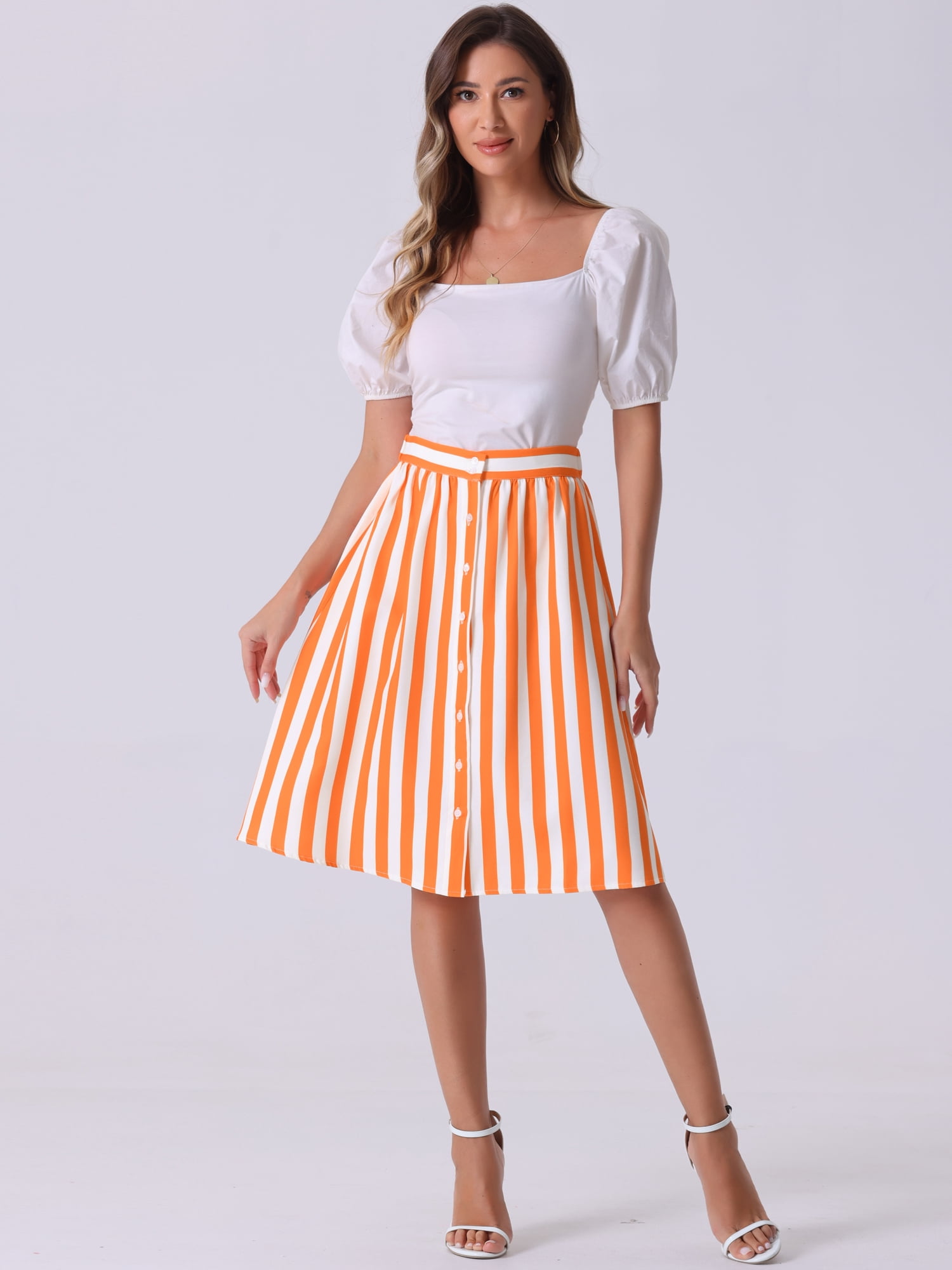 DARING DIVA Women's Striped Button Front Elastic Back Waist A-Line Midi Skirt Small Orange