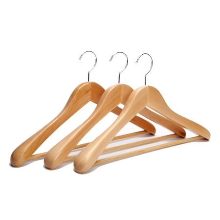 J.S. Hanger Extra Wide Shoulder Wooden Suit Hangers Natural Finish with Non-slip Bar, 3