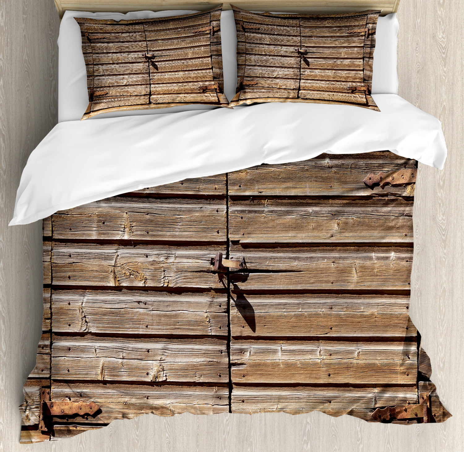 Rustic Duvet Cover Set Queen Size, Old Wooden Aged Barn Door with Padlock Abandoned Vintage