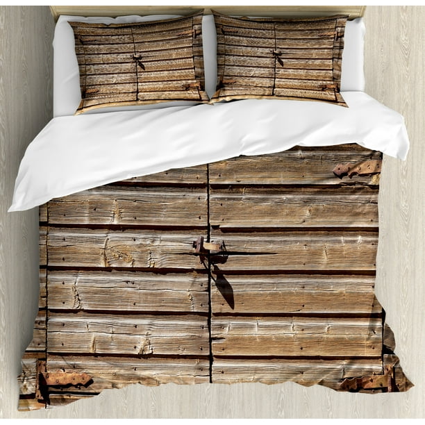 Rustic Duvet Cover Set, Old Wooden Aged Barn Door with Padlock Abandoned Vintage Farmhouse Rural