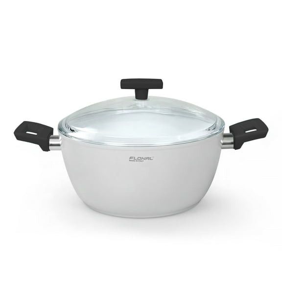 Flonal Onice Non-Stick Deep Stew Cooking Pot with Glass Lid 5.5 Qt (5.2 L) Forged Aluminum Ceramic Nonstick Stockpot Soup Pot, White