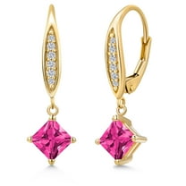 Gem Stone King 10K Yellow Gold Pink Mystic Topaz and Lab Grown Diamond Earrings for Women | 1.69 Cttw | Gemstone November Birthstone | Princess 5MM