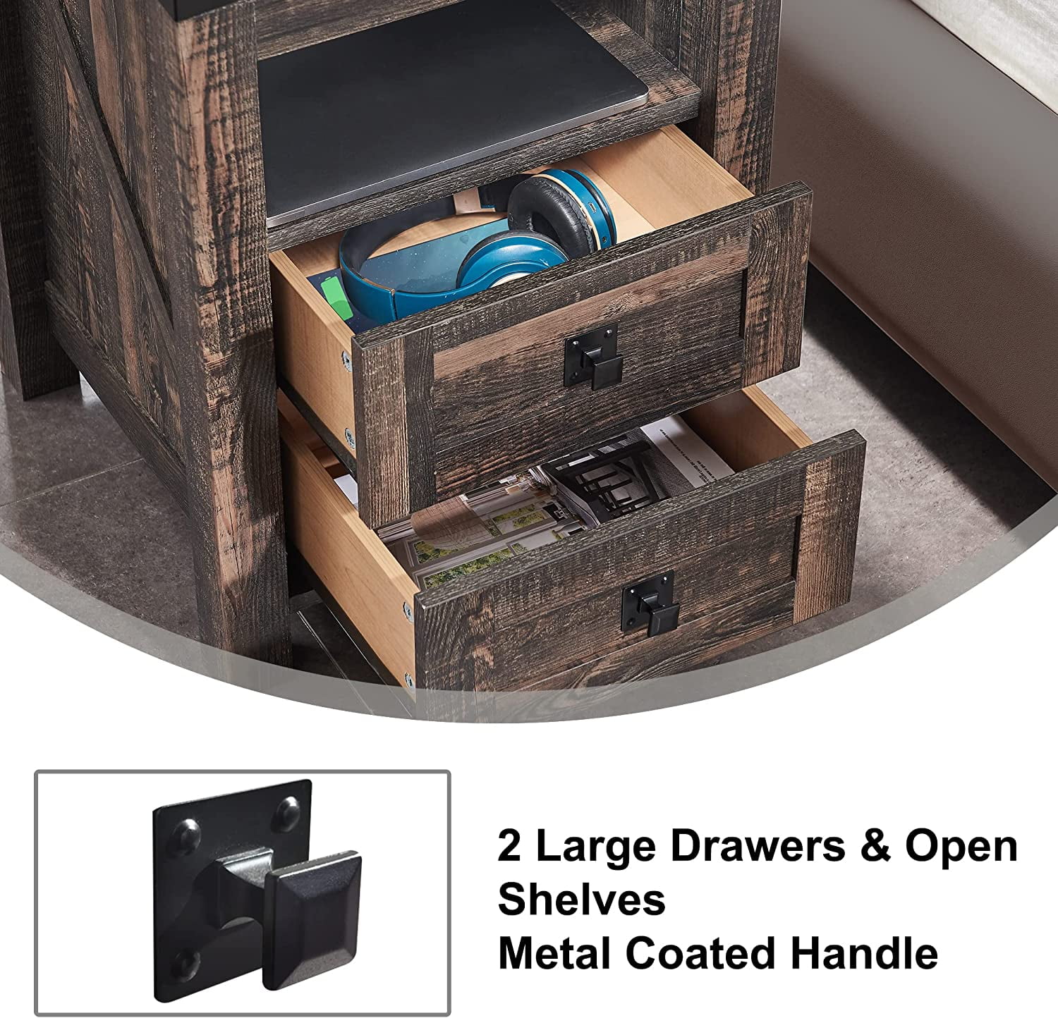OKD Farmhouse Nightstand with Charging Station for Bedroom, 2-Drawer Rustic End Tables for Living Room, Dark Rustic Oak