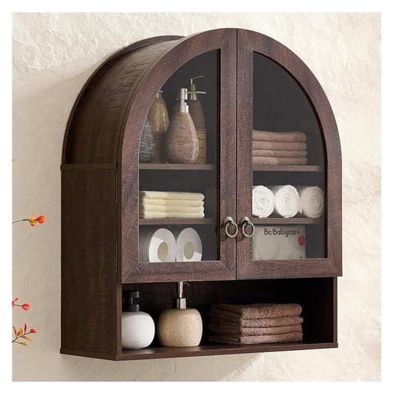 Bathroom Arched Wall Cabinet, 23.6'' Wide Medicine Cabinet with Adjustable Shelves & Glass Doors, Over The Toilet Storage Wall Mount Cabinet for Laundry Room, Kitchen & Living Room, Dark Walnut