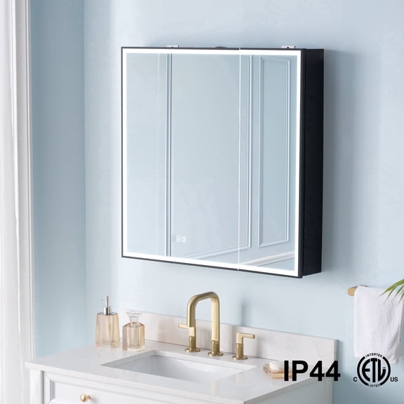 ANGELES HOME 30"x30" LED Mirrored Medicine Cabinet, Medicine Cabinets with Lights for Bathroom, Recessed or Surface Mount, Led Medicine Cabinet with Outlets & USB, Defogger, Dimmer, Double Open Door